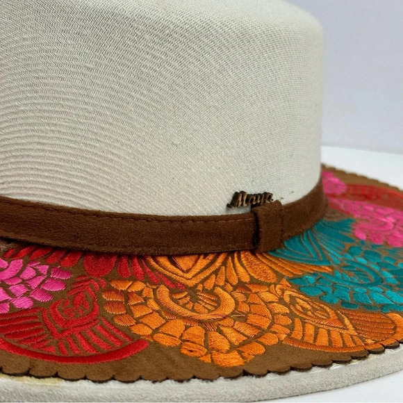 Artesanal Embroidered Colorful Mexican Sombrero Hat Tan Hand Made Large Woman - Picture 5 of 11